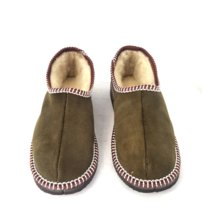 Dámske kožené zateplené papuče s ovčím rúnom olivové