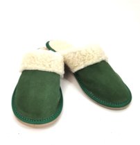 Dámske kožené zateplené papuče s ovčím rúnom zelené