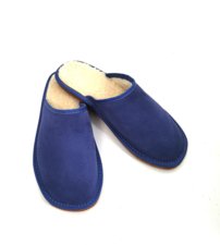 Pánske kožené oteplené papuče s ovčím rúnom modré
