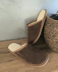 Pánske kožené oteplené papuče s ovčím rúnom hnedé
