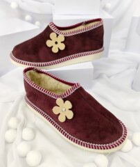 Dámske kožené zateplené papuče s ovčím rúnom bordové kvet